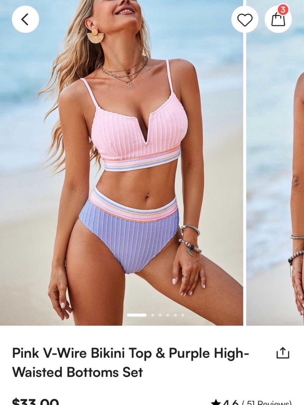 Cupshe Pink Ribbed V-Wire Top with Lavender High-Waist Bottoms
